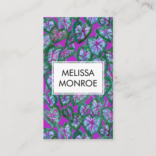 Caladium tropical leaves illustrated watercolor business card (Front)