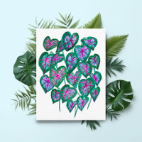 Caladiums Pink & Green Leaves Watercolor Art
