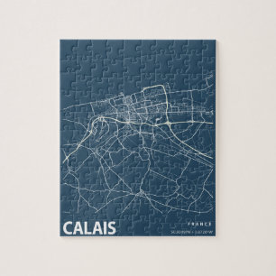 Calais France Minimalist City Map Line Art in Blue Jigsaw Puzzle