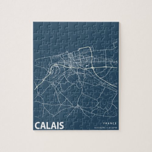 Calais France Minimalist City Map Line Art in Blue Jigsaw Puzzle