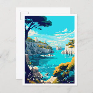 Calanques France Art vintage travel illustration Postcard