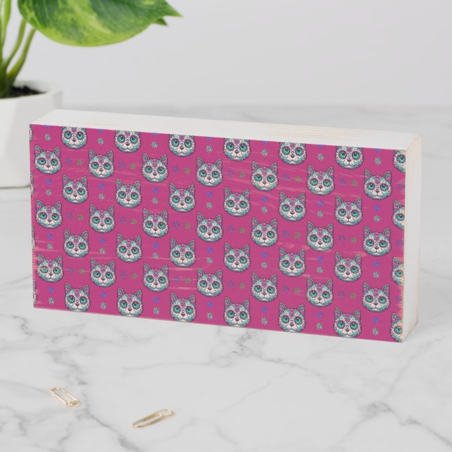 Calavera Cat Art Pattern Wooden Box Sign (In Situ Horizontal)