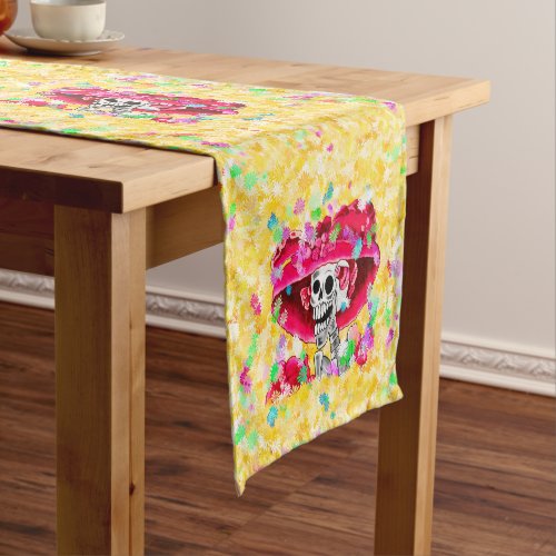 Calavera Catrina Skeleton Woman in Red Bonnet Short Table Runner