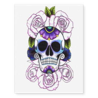 Calavera con Rosas Moradas Temporary Tattoos