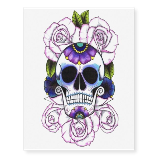 Calavera con Rosas Moradas Temporary Tattoos (Front)