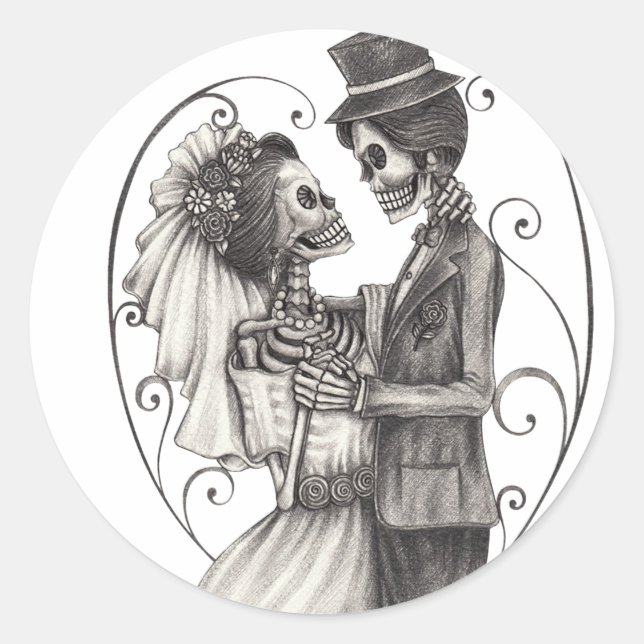 Calavera Day of the Dead Drawing Bridegroom Classic Round Sticker (Front)