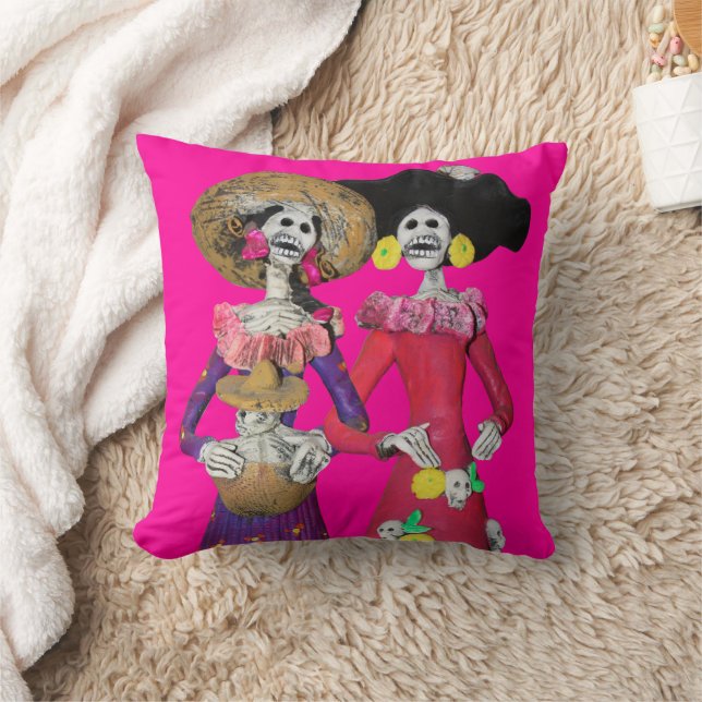 Calavera Hermanas Throw Pillow (Blanket)
