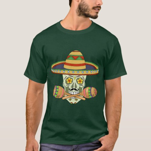 Calavera Man Cinco De Mayo Sombrero Maracas Mexica T_Shirt