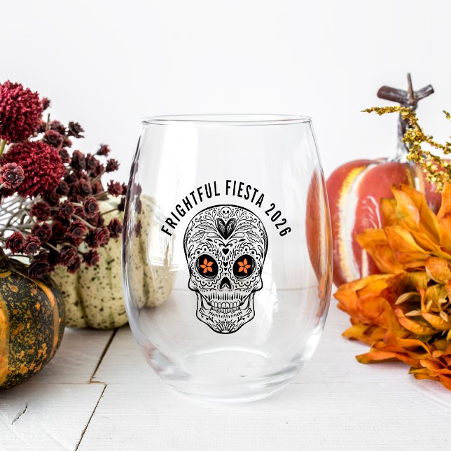Calavera Skull Personalized Halloween Stemless Wine Glass (Creator Uploaded)