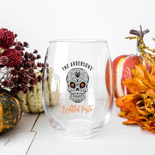 Calavera Skull Personalized Halloween Stemless Wine Glass