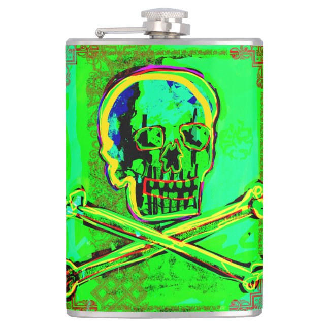 Calavera Skull pGeek NFT Art Green Red Flask (Front)