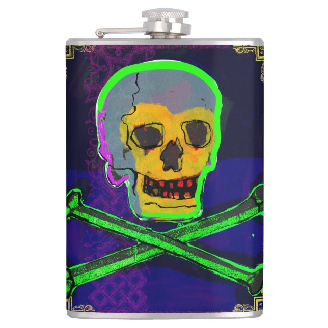 Calavera Skull pGeek NFT Art White Gold Green Blue Flask (Front)