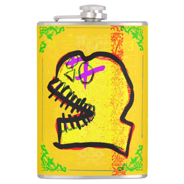 Calavera Skull pGeek NFT Art Yellow Black Purple Flask (Front)