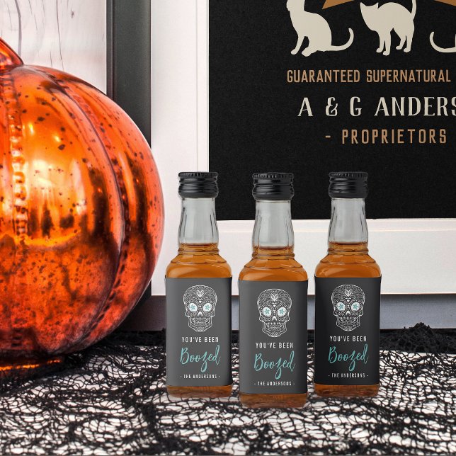 Calavera Skull You've Been Boozed Halloween Liquor Bottle Label (Creator Uploaded)