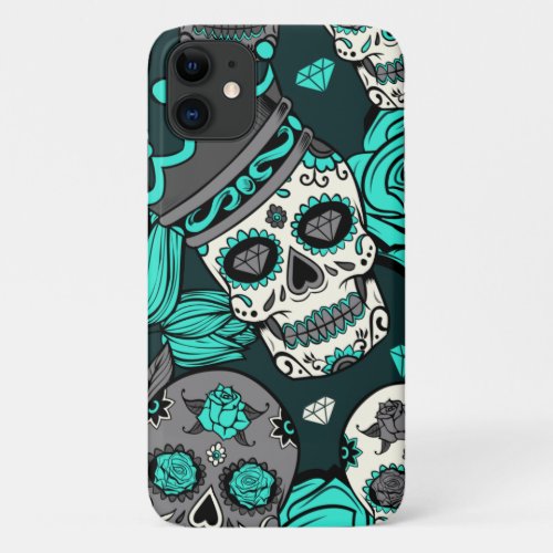 Calavera Skulls Cyan Pattern iPhone 11 Case
