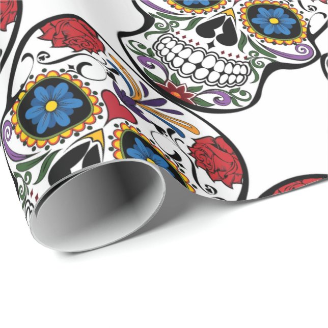 Calavera Sugar Skull Funny Floral Red White Blue Wrapping Paper (Roll Corner)