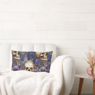 Calaveras and Rosas Moradas - Elegant Gothic Art Lumbar Pillow