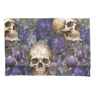 Calaveras and Rosas Moradas - Elegant Gothic Art Pillow Case
