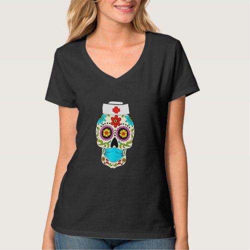 Calaveras Dia De Los Muertos Nurse Sugar Skull Wea T_Shirt
