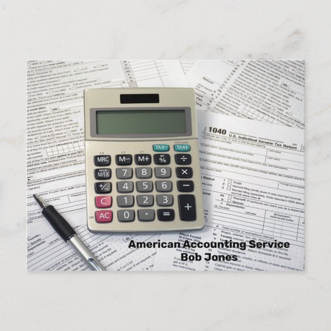 calculator on income tax forms postcard (Front)
