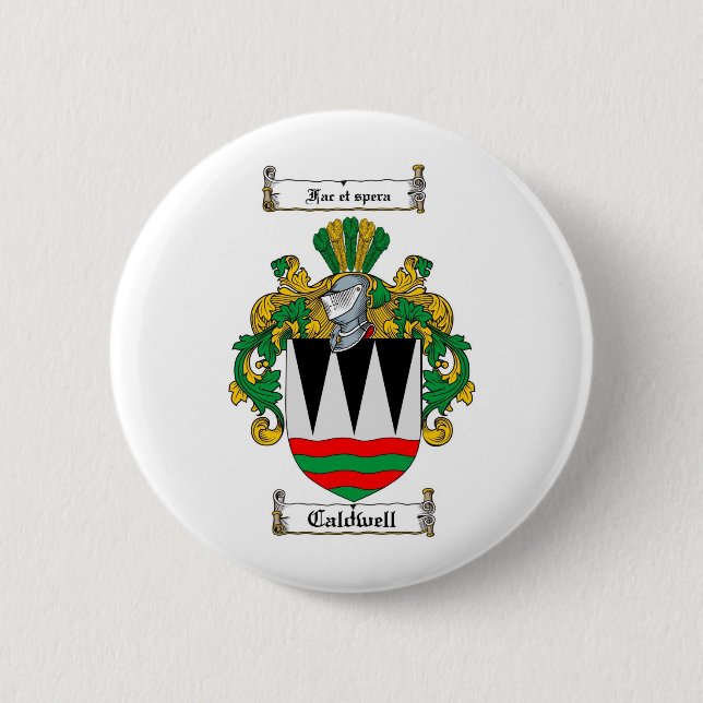 CALDWELL FAMILY CREST -  CALDWELL COAT OF ARMS PINBACK BUTTON (Front)