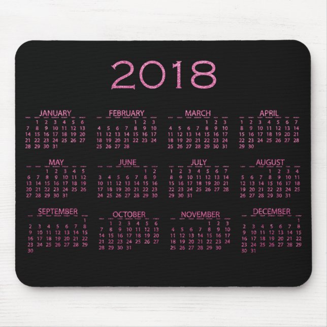 Calendar 2018 Black Bright Vivid Pink Glitter Mouse Pad (Front)