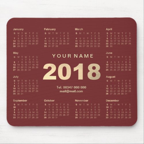 Calendar 2018 Burgundy Gold Name Contact Web Numer Mouse Pad