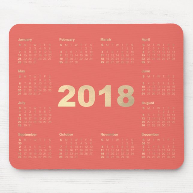 Calendar 2018 Coral  Faux Gold Metallic Minimal Mouse Pad (Front)