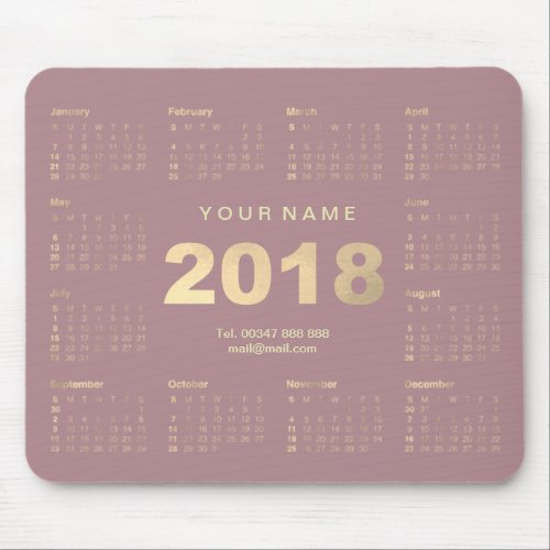 Calendar 2018 Mauve Pink Gold Name Contact Numer Mouse Pad