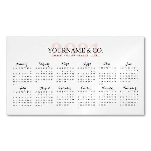 Calendar 2021 Business Name Blush Pink White Card Magnet (Front)
