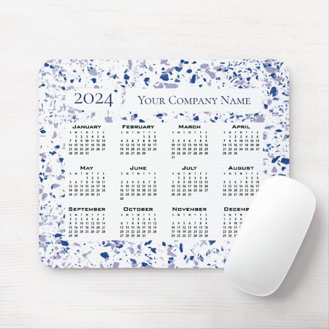 Calendar 2024 Blue White Gray Terrazzo Custom Mouse Pad (With Mouse)