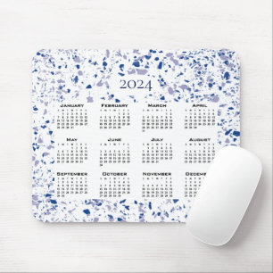 Calendar 2024 Blue White Gray Terrazzo Modern Mouse Pad