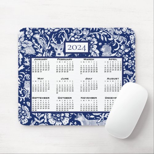 Calendar 2024 Blue Woodland Animal Deer Owl Fox Mouse Pad