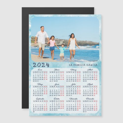 Calendar 2024 in Spanish Family Photo Magnet Blue