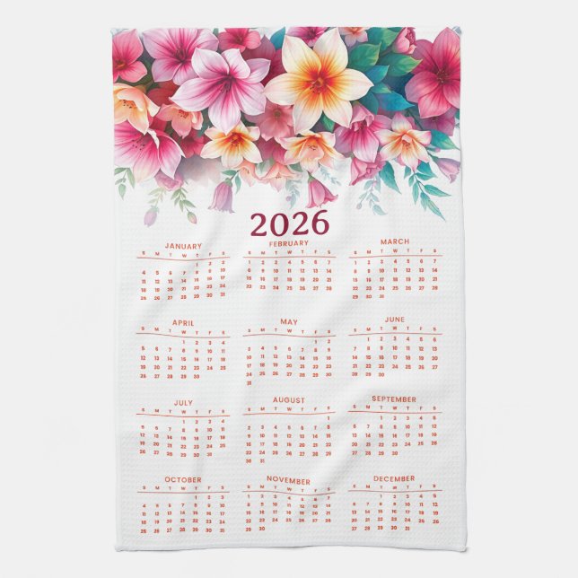 Calendar 2026 with flowers kitchen towel (Vertical)