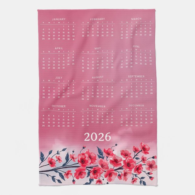 Calendar 2026 with flowers kitchen towel (Vertical)