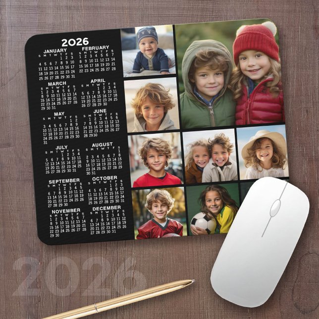 Calendar - 9 photo collage - black mouse pad (2026 Calendar with your logo or photos - Great Business Gift or Home Office Decor)