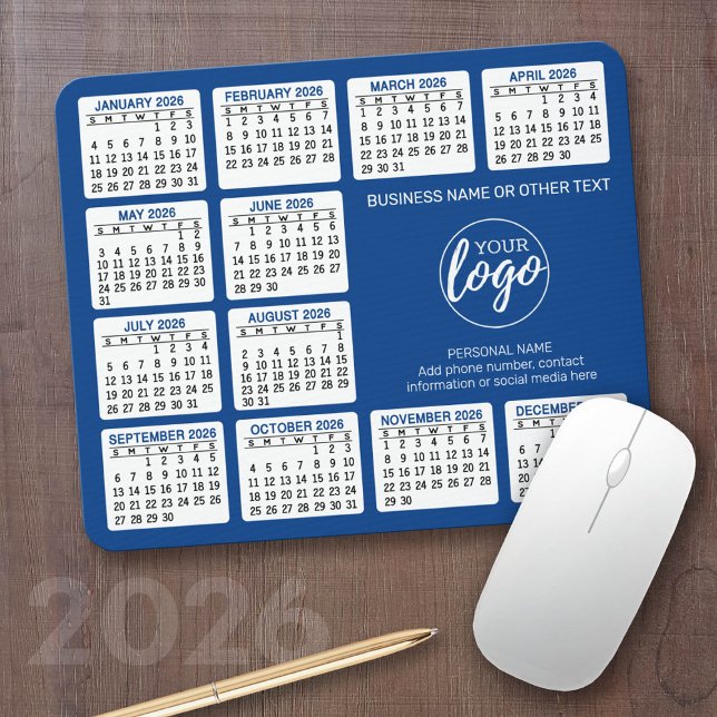 Calendar - add logo, Contact Information Blue Mouse Pad (2026 Calendar with your logo or photos - Great Business Gift or Home Office Decor)