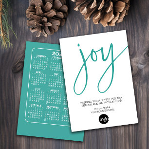 Calendar and Logo - JOY - Aqua White - Business Holiday Card
