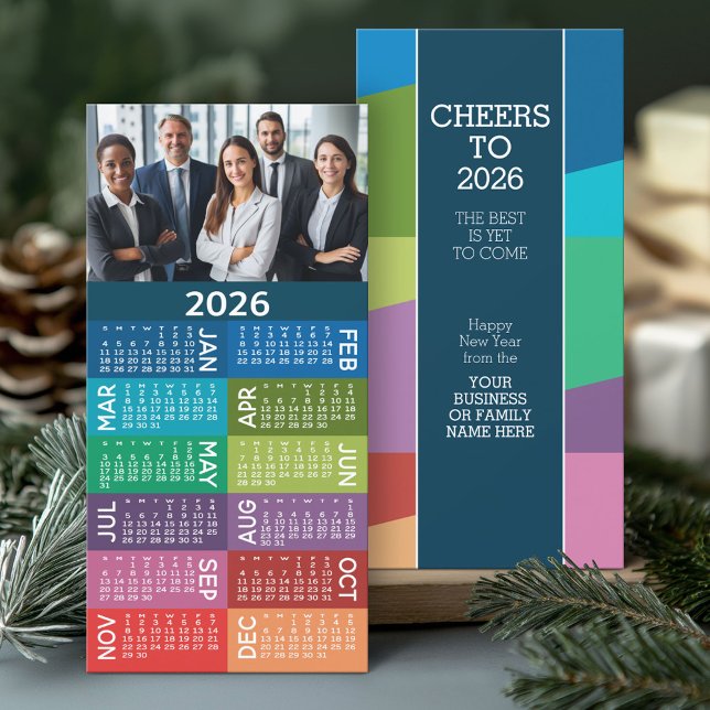 Calendar and Photo Collage Colorful Background Holiday Card (2026 Calendar with Business Greeting)