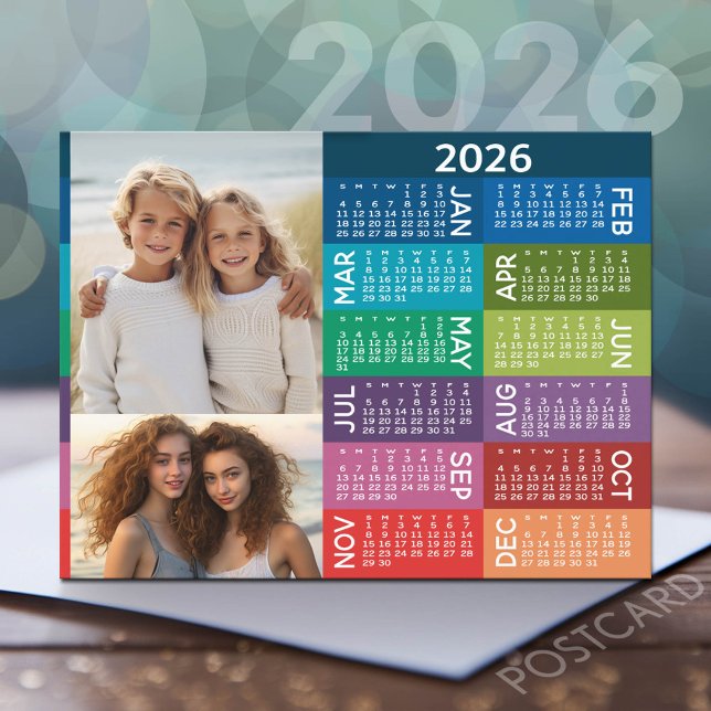 Calendar and Photo Collage Colorful Background Postcard (2026 Calendar Postcard)