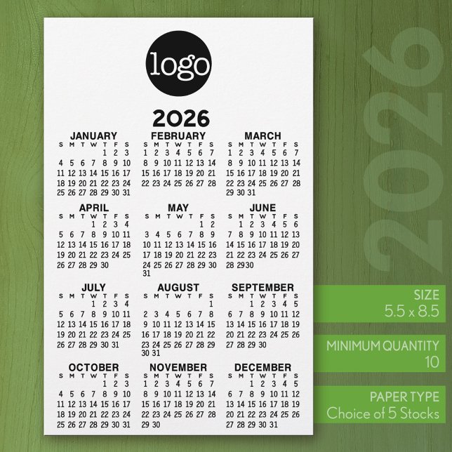 Calendar - Basic Black White Minimal Stationery (2026 Calendar on Stationery Sheet)