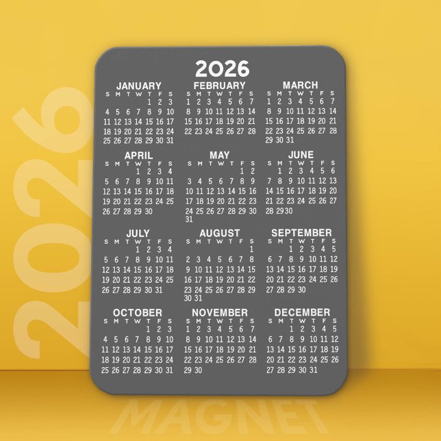 Calendar - Basic Grey Mini Calendar Magnet (2026 Calendar Magnet)