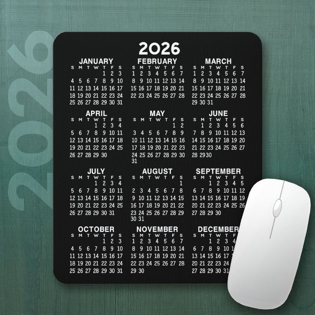 Calendar - black background - Vertical  Mouse Pad (2026 Calendar Mousepad)