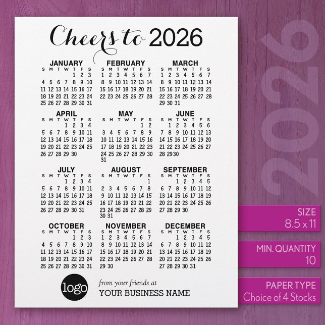 Calendar Black White Business - Holiday Letterhead (2026 Calendar)