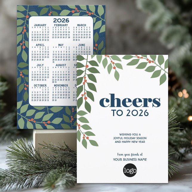 Calendar CHEERS - green blue - Business Logo Holiday Card (2026 Calendar on a Business Holiday Card)
