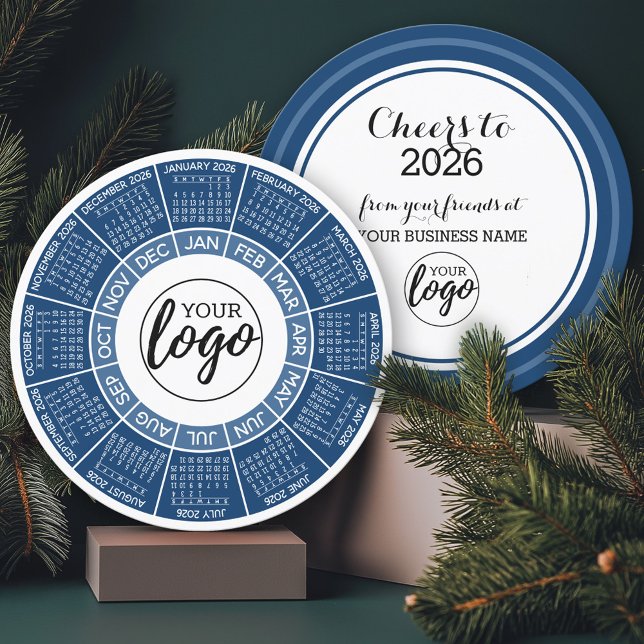 Calendar Circle - Blue White Business Logo Holiday Card (2026 Calendar on a Business Holiday Card)