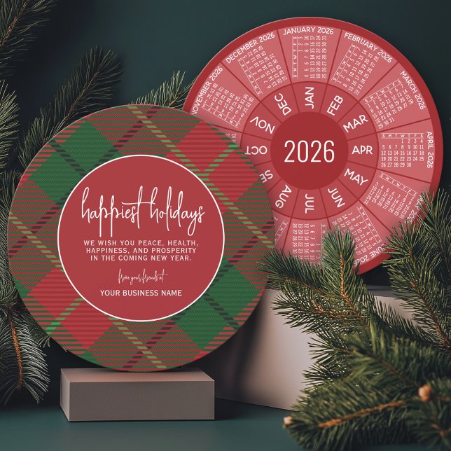 Calendar Circle green red plaid Business Happiest Holiday Card (2026 Calendar on a Business Holiday Card)