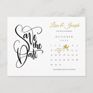 Calendar Cupid Gold Love Heart Save the Date Announcement Postcard