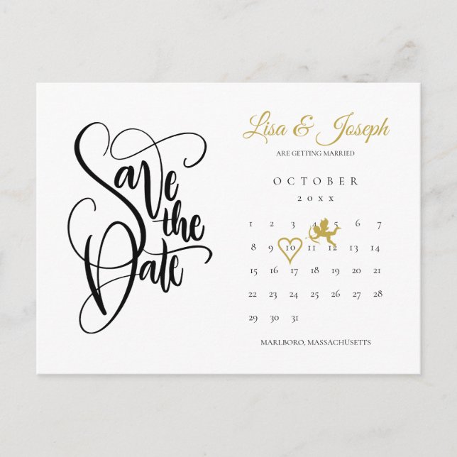 Calendar Cupid Gold Love Heart Save the Date Postcard (Front)